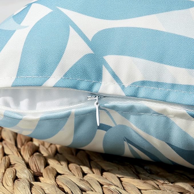 MIULEE Pack of 2 Decorative Outdoor Waterproof Throw Pillow Covers Patio Pillow Cases Natural Leaves Pattern Spring Square Cushion Shams Shell for Garden Balcony Couch 16x16 Inch, Light Blue