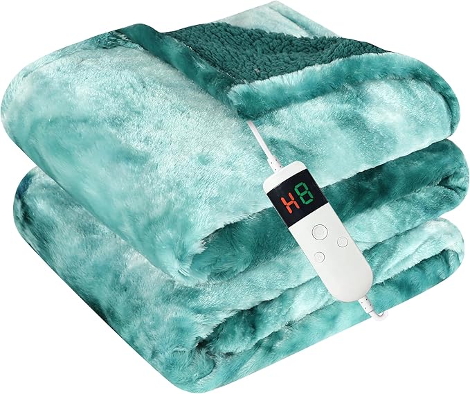 Electric Heated Blanket Throw 50''x60''Size Faux Fur Heating Blanket 10 Heating Settings, 1-8h Timer & Overheat Protection, Machine Washable, Soft Flannel and Sherpa Full Body Warmth