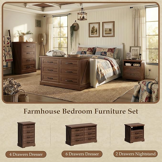 AODK 24 Inch Farmhouse Nightstand Set of 2, Bedside Tables with Charging Station, Wood End Tables with 2 Drawers and Open Shelf, Rustic Bed Side Table for Bedroom & Living Room, Dark Walnut