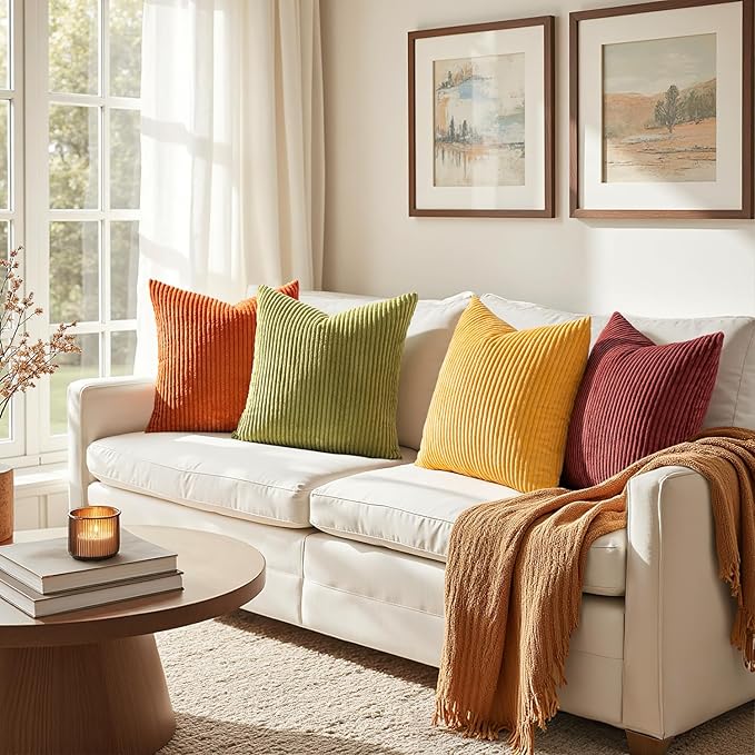 EMEMA Burnt Orange Decorative Throw Pillow Covers for Couch Bed Livingroom 18x18 Inch Set of 4 Boho Farmhouse Corduroy Striped Square Pillow Case,Western Modern Cushion Covers Home Decor