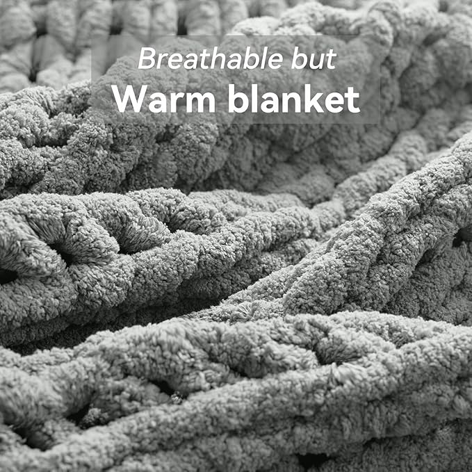 Chunky Knit Throw Blanket, 80''*90'' Knitted Throw Chenille Yarn for Bed Couch, Handmade Light Grey Crochet Big Thick Blanket, Machine Washable Cute Comfy Blanket for Home Decor