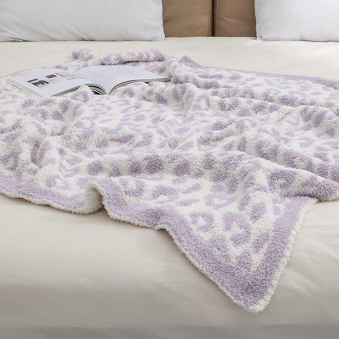 bearberry Fuzzy Leopard Knitted Throw Blanket Soft Cozy Warm Microfiber Blanket for Couch Sofa Bed Travel (Purple/Cream, 40"x50")