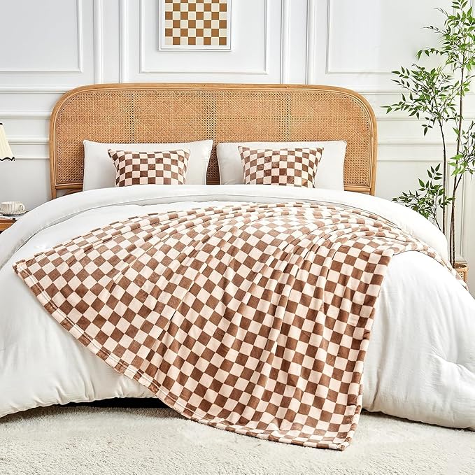 FY FIBER HOUSE Kahki Throw Blanket for Couch Checkered Blanket Checker Print Patterned Blankets for Bed Sofa, 50"x60"