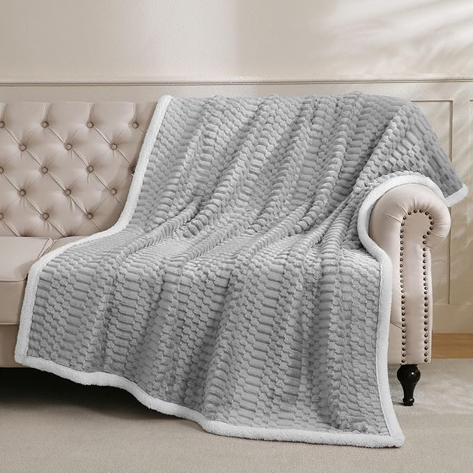 Sherpa Throw Blanket for Couch Flannel Cozy Soft Thick Blanket Warm Twin Blanket for Bed Fleece Home Decor Gifts, Z01 - Light Grey, 60"*80"