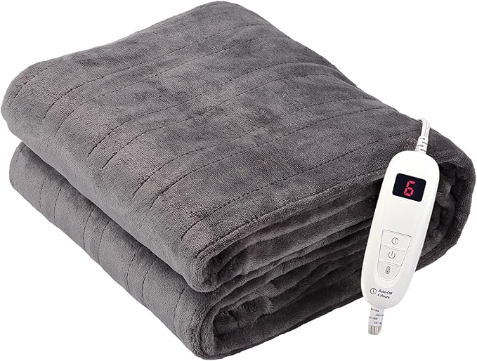 Tefici Electric Heated Blanket Throw, Super Cozy Soft 2-Layer Flannel 50" x 60" Heated Throw with 6 Heating Levels & 4 Hours Auto Off, Machine Washable, ETL&FCC Certified, Home Office Use,Grey