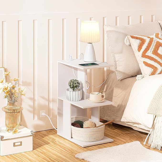 Modern End Table with Charging Station, Narrow Side Table for Small Spaces with 2 Open Storage Shelf, Narrow Nightstand with Light, Thin Bedside Table for Living Room, White ETWT18E01Z