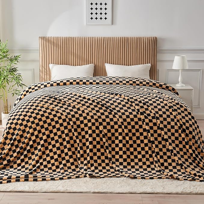 FY FIBER HOUSE Oversized King Blanket 120"x120" Seamless Extra Large 10'x10' Huge Checkered Flannel Fleece Bed Blanket Soft Cozy for Couch Office Sofa, Black Brown