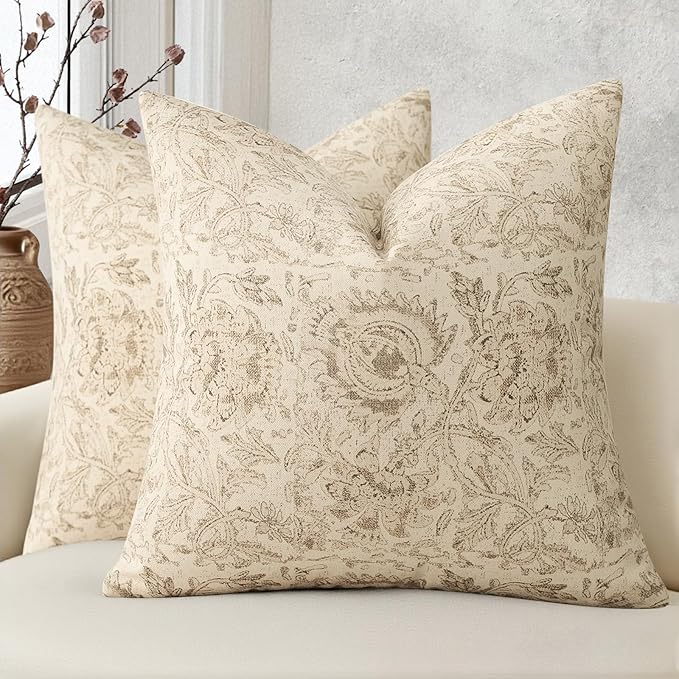 Vintage Floral Print Throw Pillow Covers 16x16 Set of 2 Neutral Modern Farmhouse Pillowcases Accent Decorative Cushion Covers Boho Home Decor for Couch Sofa Chair Bed Living Room, Natural Beige
