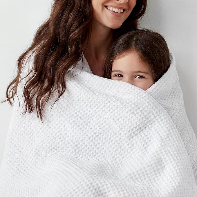 Bedsure Gentlesoft 100% Cotton Blanket Queen Size for Bed - Cooling Breathable and Soft for Spring Summer, Thick Cozy Waffle Weave Blanket Gifts for Women, White, 90x90 Inches