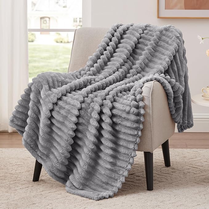 EXQ Home Fleece Blanket Twin Size for Couch or Bed - 3D Stripe Jacquard Decorative Blankets - Cozy Soft Lightweight Fuzzy Flannel Blanket Suitable for All Seasons(60"×80",Light Grey)