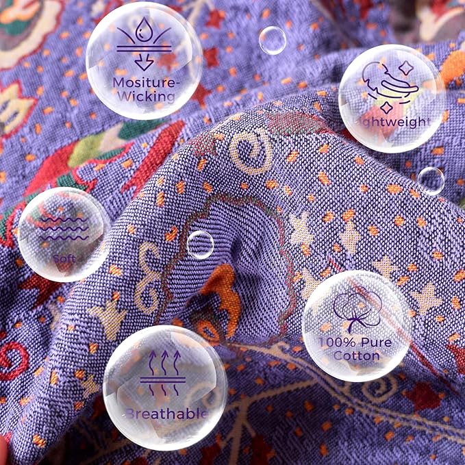Boho Throw Blanket for Bed 100% Cotton Soft Lightweight Quilt Home Livingroom Decor Purple Spring Bed Blanket,Floral Embroidery Reversiable All Season Breathable Blankets for Sofa Couch Chair 90"x98"