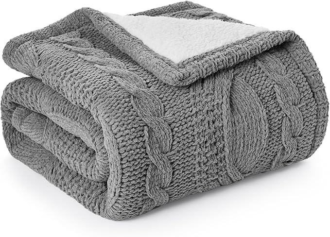 Amélie Home Cable Knit Throw Blanket for Couch, Chenille Sherpa Soft Cozy Throw Blankets for Sofa Chair Comfortable Home, 50"x60", Gray