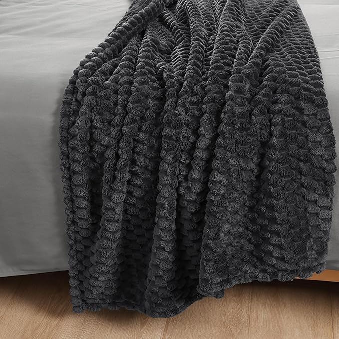 PHF Ultra Soft Flannel Fleece Blanket Queen Size, Lightweight 3D Jacquard Fleece Blanket, No Shedding, No Pilling, Luxury 340GSM Aesthetic Fluffy Cozy for Bed Room Decor, 90"x90", Dark Grey