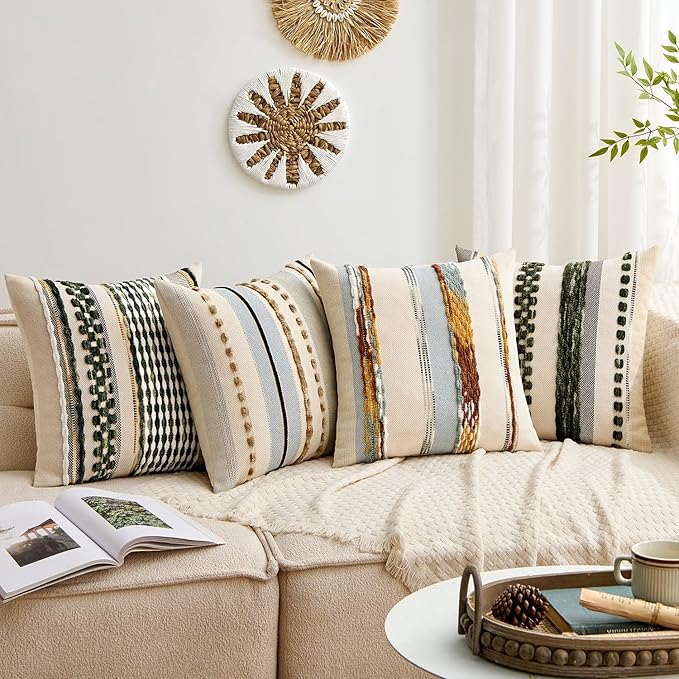ANRODUO Pack of 1 Boho Decorative Throw Pillow Covers 18x18 Farmhouse Cushion Case Striped Chenille Pillow Cases Square Pillow Covers Accent Neutral Pillowcase for Sofa Couch Bed, Blue-Earth Tones