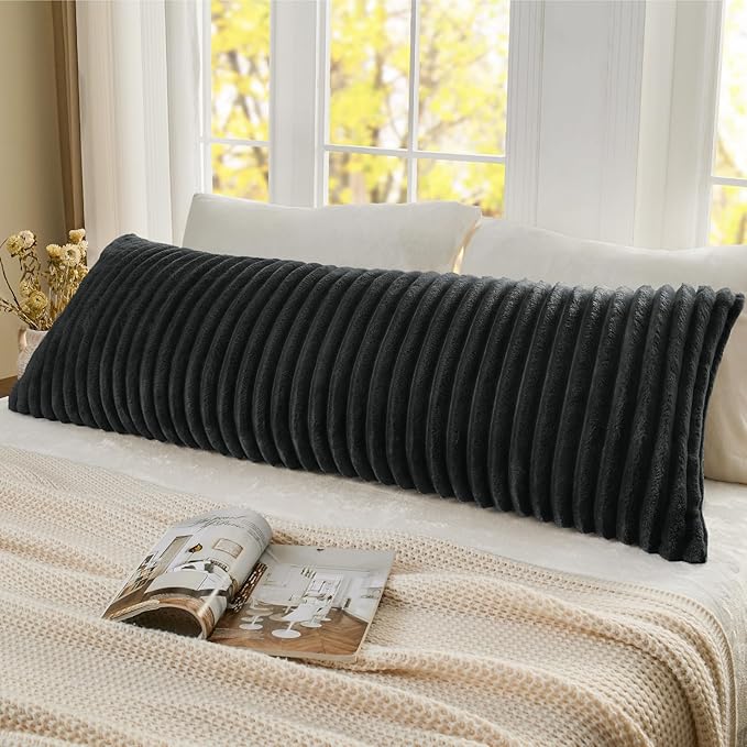 BEDELITE Fluffy Faux Fur Body Pillow Cover with Zipper, Luxury Plush 3D Striped Pillow Cover 20x54 Inches, Super Soft and Cozy Long Body Pillow Pillowcase for Bed Sofa Couch Room Decor(Black)