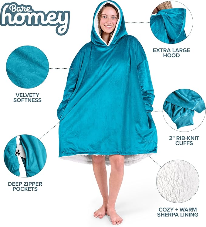 Bare Home Wearable Blanket Hoodie - Soft Plush Sherpa - Warm and Cozy - Oversized Wearable Blanket - Adult & Kid Sizes