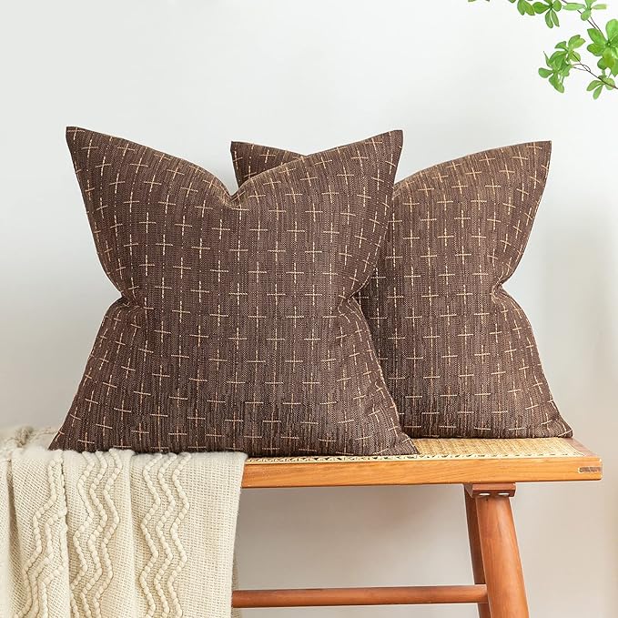 MIULEE Pack of 2 Decorative Vintage Burlap Linen Brown Throw Pillow Covers Modern Farmhouse Pillowcase Rustic Woven Textured Cushion Cover for Sofa Couch Bed 20x20 Inch Dark Coffee