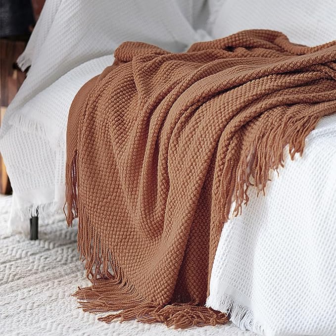 LOMAO Knitted Throw Blanket with Tassels Bubble Textured Lightweight Throws for Couch Cover Home Decor (Caramel, 60x90)