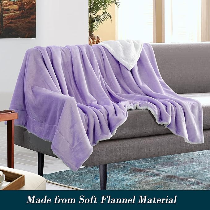 Mocassi Premium Ultra-Soft Flannel Fleece Sherpa Throw Blanket - Warm Cozy Reversible Plush Micromink Blanket for Couch, Bed and Sofa - Fluffy, Christmas Winter Bedding Gift, Twin XL, Lavender
