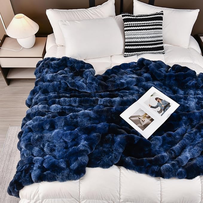 H&D Faux Fur Throw Blanket for Couch,Fluffy Cozy Soft Plush Luxury Thick Fuzzy Fleece Blanket for Couch Bed Sofa Bedroom Living Room,Comfy Bubble Blanket