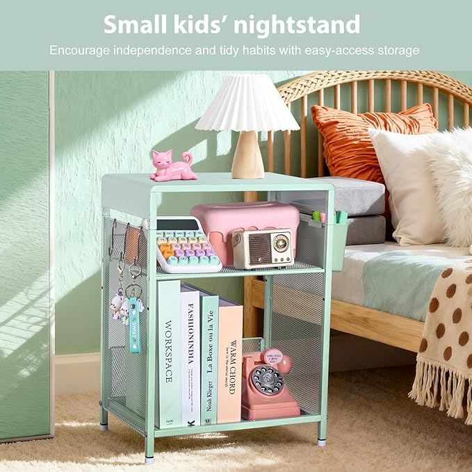 Kids Nightstand, 3-Tier Metal Side Table with Adjustable Storage Shelf, Basket & 3 S-Hooks, Small Bedside Table for Nursery, Toddler Bedroom and Small Spaces (Green)