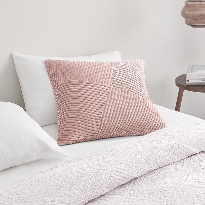 Topfinel Set of 2 Pink Decorative Yellow Throw Pillow Covers 12x12 Inch, Soft Corduroy Pillow Covers Windmill Textured Striped Patchwork Cushion Cases for Couch Sofa Bed Cute Aesthetic Home Decor