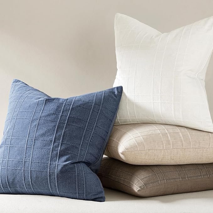 MIULEE Decorative Linen Check Throw Pillow Covers Neutral Farmhouse Vintage Pillow Covers 20x20 Set of 2 Boho Modern Home Decor for Sofa Couch Bedroom Cushion Cream White