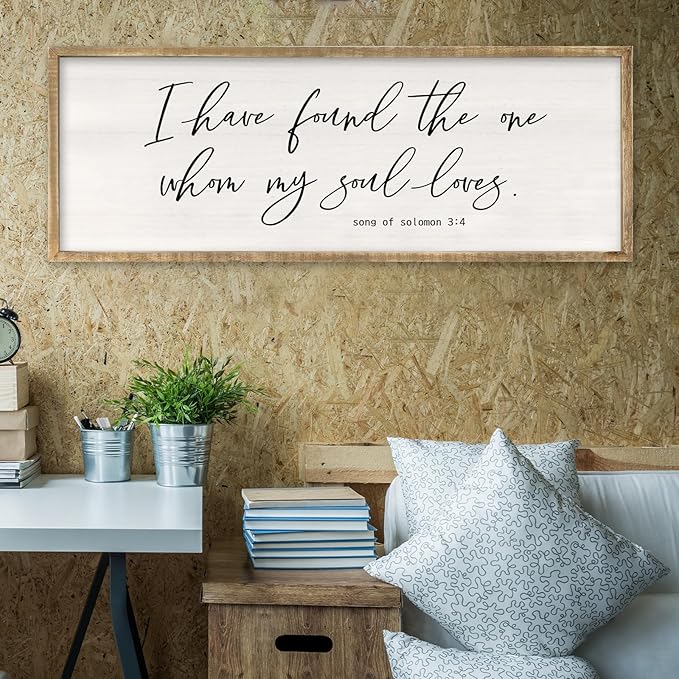 RLWangChao Inspirational Christian Wall Decor I Have Found the One Whom My Soul Loves Sign 32×12 Inch Song of Solomon 3:4 for Master Bedroom Above Over Bed Large Wood Framed Wall Hanging Art (Wood)