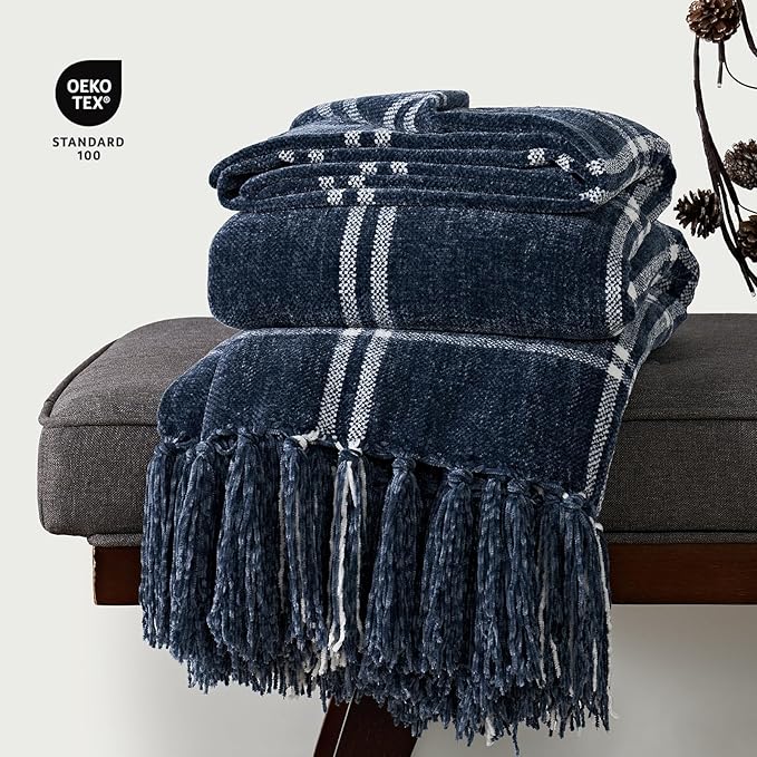 EverGrace Plaid Chenille Throw Blanket for Couch, Super Soft Cozy Decorative Windowpane Grid Plaid Throw with Tassels, Lightweight Chenille Knit Throw for Bed Sofa Gift, Navy & White 60”x80”