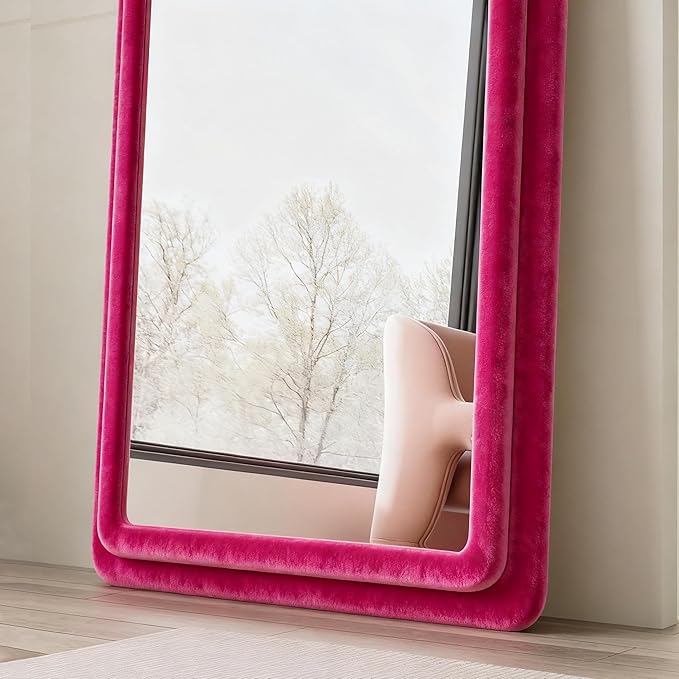 Full Length Mirror, Floor Mirror with Stand, 63"x24" Freestanding Arched Mirror Full Length Hanging or Leaning, Wall Mounted Mirrors with Flannel Frame, Large Mirrors for Bedroom (Rose Red)