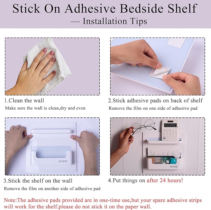 Bedside Shelf with Strong Sticky Gel,Wall Mount Organizer Holder for Cell Phone,Glasses,Remote,Keys,Adhesive Wall Shelves for Bedroom,Bathroom, Kitchen,No Drill Space Saver (Vertical Type/White)
