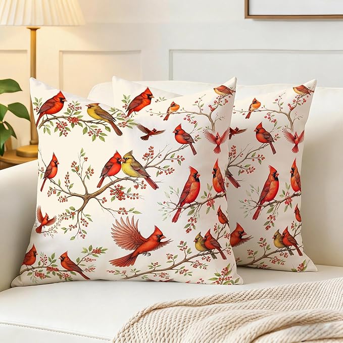 2 Pack Cute Red Cardinal Bird Throw Pillow Covers 18x18, Spring Easter Decorative Pillow Cases, Rustic Cushion Covers for Sofa Living Room Couch Bedroom, for Bird Lovers, Boho Home Decor