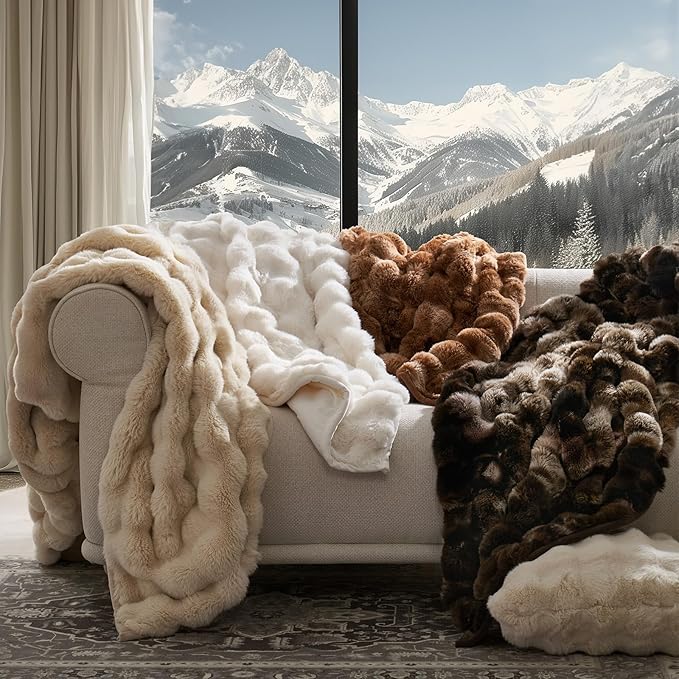 EverGrace Ultra Soft Luxury Fluffy Faux Rabbit Fur Throw Blanket, Thick Warm Bubble Throw for Bed, Cozy Plush Reversible Blankets for Couch, Chair, Sofa, Cream, 50x60 Inches