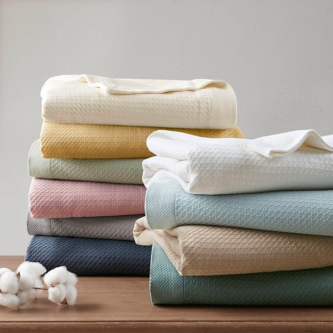 Madison Park 100% Egyptian Cotton Lightweight Summer Blanket, Breathable Waffle Knit Design, Soft Cozy All-Season Throw for Bed, Couch or Sofa, Mustard Twin Size (66"x90")