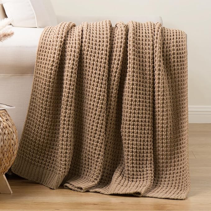 Bunnikins & Clover Beige Throw Blanket for Couch, Knitted Beige Throw for Bed, Neutral Throw Blankets Tan Blanket for Room Decor Housewarming Gifts, 60"x80"