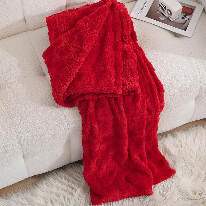 Red Fleece Throw Blanket 108”×90” for Couch Sofa Bed,Super Soft Cozy Plush Microfiber Flannel Blanket with 3D Checkered Design Lightweight for Adults,Woman,Girls