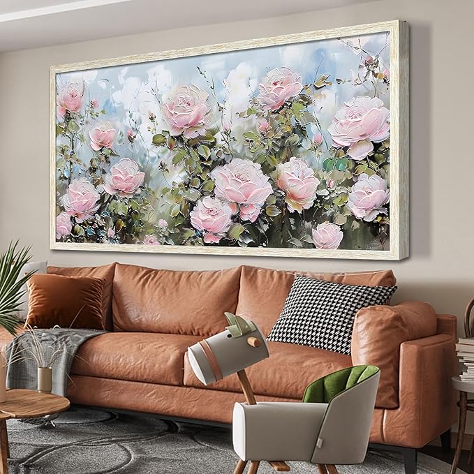 Ardemy Pink Rose Wall Art Canvas for Living Room, Extra Large Framed Flower Painting Modern Textured Floral Bedroom Picture Artwork Home Office Kitchen Decor 58"x29"