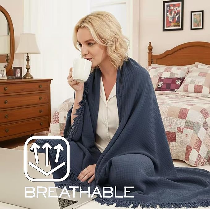 KyraHome Muslin Blankets for Adults, Kids, 60"x80", 100% Organic Cotton Large Cotton Throw Blankets for Couch, Plant Dyed Breathable Lightweight Gauze Blankets, All Season (Navy Blue)