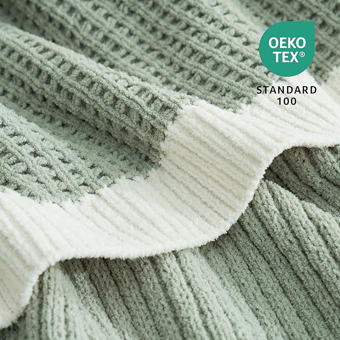 Amélie Home Waffle Throw Blanket for Couch Twin, Soft Cozy Chenille Knit Blanket Warm Decorative Throw for Sofa, Bed, Living Room, 60"x80", Sage Green