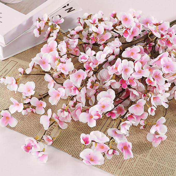 Uieke 24 Pcs Silk Cherry Blossom Branches, 40.5in Artificial Cherry Blossom Flowers Long Stems Fake Flowers Vase Arrangements for Wedding Home Japanese Decor, Pink