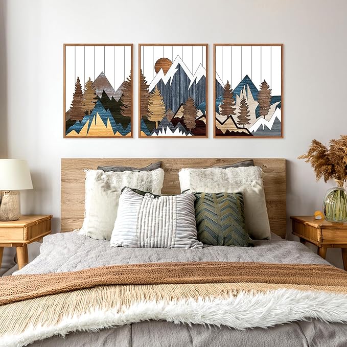 CHDITB Mountain Framed Canvas Wall Art Set Of 3,Country National Parks Artwork Modern Nature Wall Decor, Wood Mountain Wall Painting,Woodcut Nature Art Prints For Bedroom Living Room Decor(12X16 Inch)