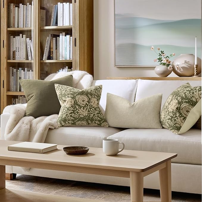 Vintage Floral Print Throw Pillow Covers 22x22 Set of 2 Neutral Modern Farmhouse Accent Decorative Cushion Covers Boho Home Decor for Couch Sofa Chair Bed Living Room, Olive Green