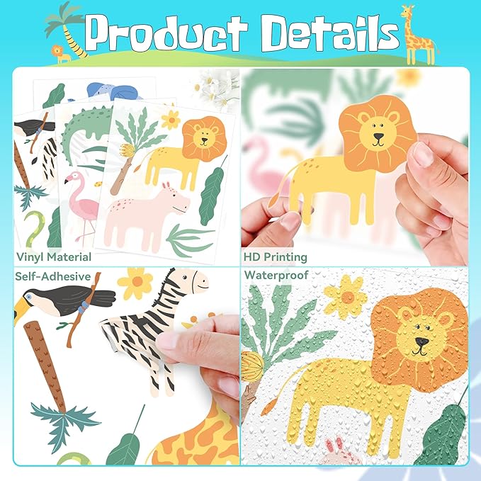 Animals Wall Decals - 4 Sheeets 26 Pcs Cute Jungle Theme Wall Decor Peel and Stick Elephant Giraffe Lion Safari Wall Stickers for Kids Nursery Playroom Bedroom Living Room Décor