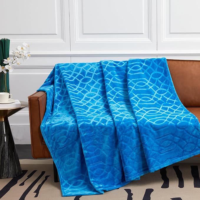 Soft Cozy Fleece Queen Size Blanket, 90x90 Inches – Lightweight Plush Blanket for Bed, Fuzzy 3D Jacquard Design - Royal Blue