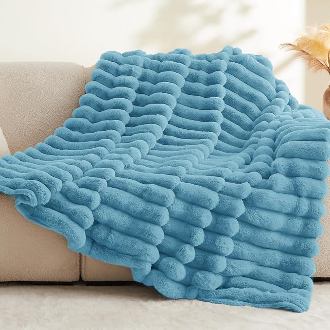 BEDELITE Faux Rabbit Fur Blanket, Luxurious 3D Striped Winter Blanket for Decor & Gift, Soft and Warm Plush Blue Fluffy Faux Fur Throw Blanket All Seasons Suitable, (Light Blue, 50"x 60")