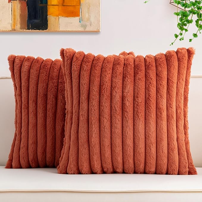 Aegero Pack of 2 Faux Fur Fall Throw Pillow Covers 24x24 Inch, Soft Plush Striped Neutral Couch Pillow Cover, with Velvet Back Modern Home Decor for Sofa Living Room Couch Bed Rust