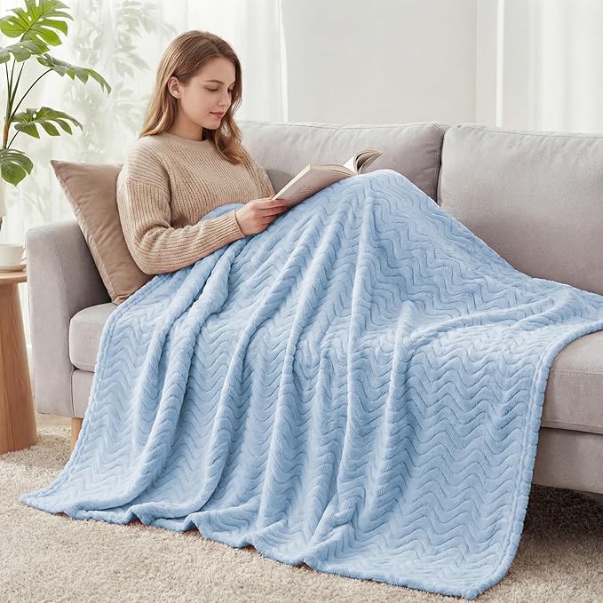Exclusivo Mezcla Queen Blanket for Bed, Cozy Lightweight Fleece Blankets for All Season, Decorative Giftable Fuzzy Plush Wave Textured Suitable for Women, Men, Light Blue, 90x90 Inches