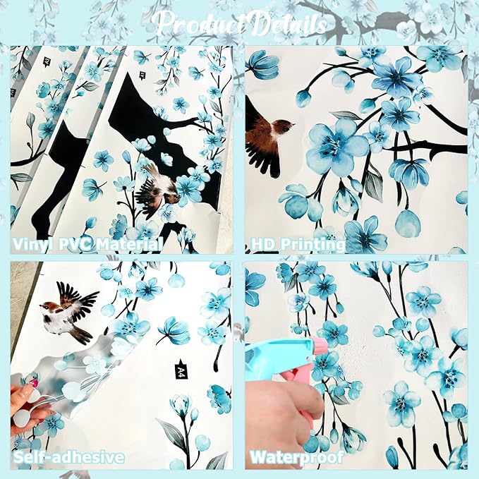 Large Cherry Blossom Tree Wall Stickers,4 Sheets Spring Blue Flower Bird Wall Decals Peel and Stick Waterproof Wall Murals Decor for Living Room Bedroom (Blue, 11.8 * 35.4inch)