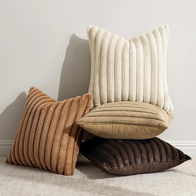 MIULEE Faux Fur Plush Decorative Throw Pillow Covers 18x18 Set of 4, Boho Farmhouse Soft Fuzzy Striped Cushion Covers for Sofa Couch Bed Living Room Vintage Rustic Home Decor,Brown