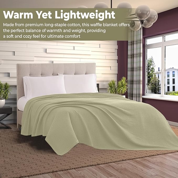 100% Cotton Blankets for Bed - Waffle Weave Blankets for Summer, Lightweight and Breathable Soft Woven Blanket for Spring (Olive Green, Throw (50" x 60"))